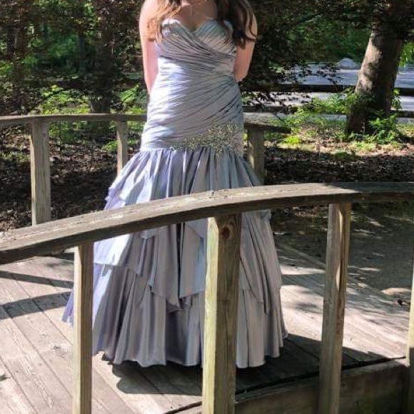 silver strapless prom dress